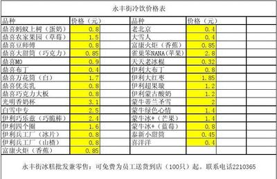 丰街冷饮价格表